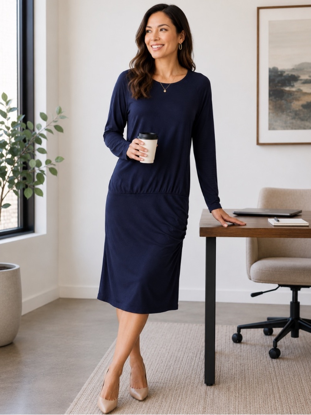 Banana Republic NEW Navy Blue Quiet Luxury Business Casual Ruched Dress Size XL